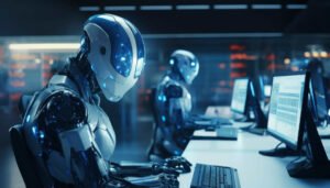 Zwei humanoide Roboter mit glänzendem blau-silbernem Äußeren sitzen an Schreibtischen und arbeiten an Desktop-Computern in einer modernen, hochtechnisierten Büroumgebung.
