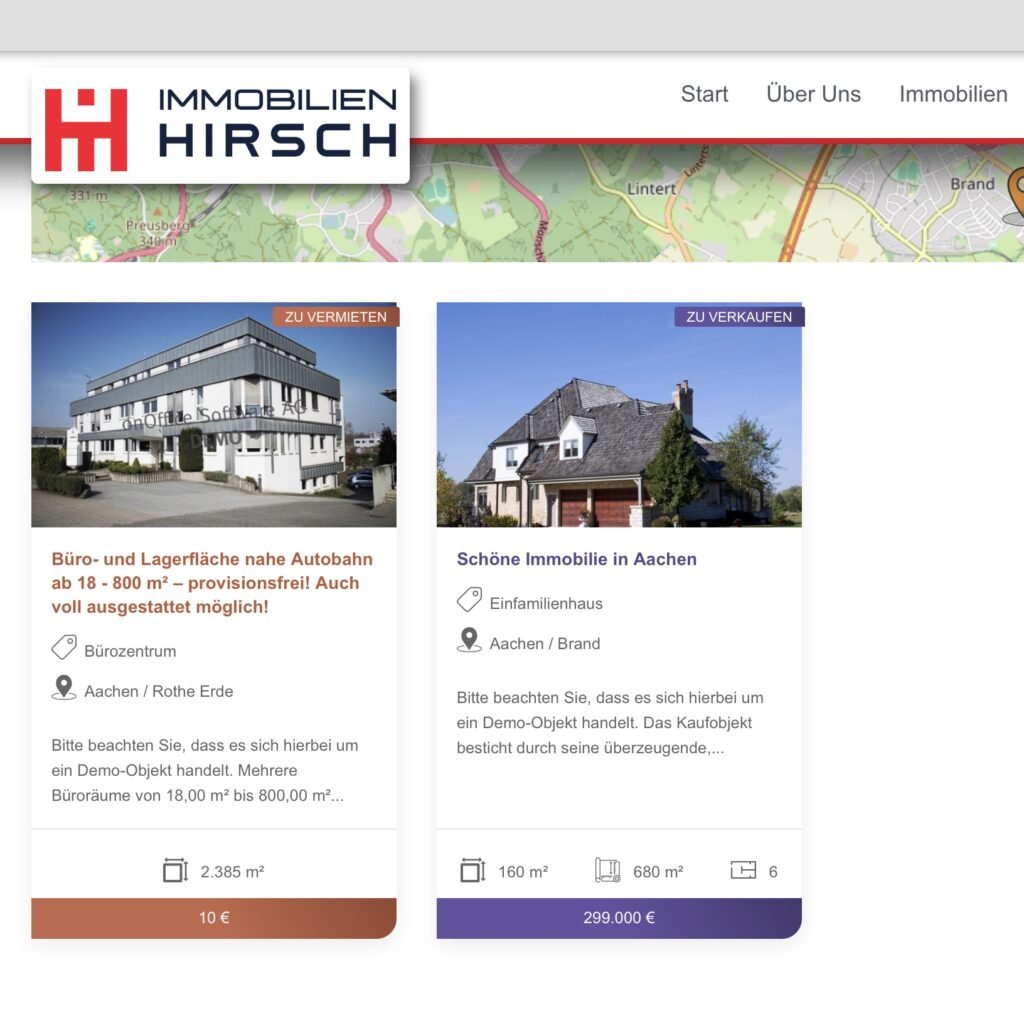 Kunde: Immobilien Hirsch, OnOffice Anbindung, Programmierung, Schnittstelle, SEO Optimierung