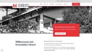 - Aktuelle Neuigkeiten in unserem Blog 26 Screenshot der besonderen Website von Immobilien Hirsch mit ihrem Logo, Kontaktinformationen, einem Schwarz-Weiß-Foto eines Hauses und einem roten Kasten mit Angaben zum Immobilienservice. Die Seite begrüßt die Besucher und bietet Hilfe beim Verkauf oder Kauf von Immobilien an.