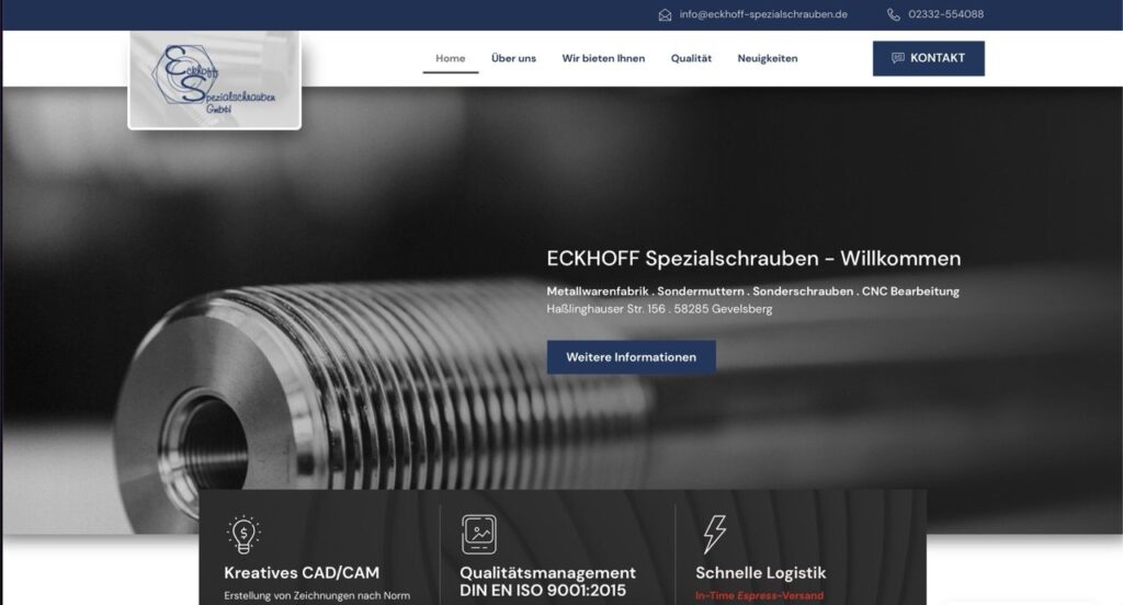 Screenshot der ECKHOFF Spezialschauben-Homepage, einer besonderen Website mit Nahaufnahme einer Metallschraube, Navigationsmenü, Kontaktdaten des Unternehmens und hervorgehobenen Leistungsmerkmalen in deutscher Sprache - eine ideale Inspiration für Webdesigner vor Ort.