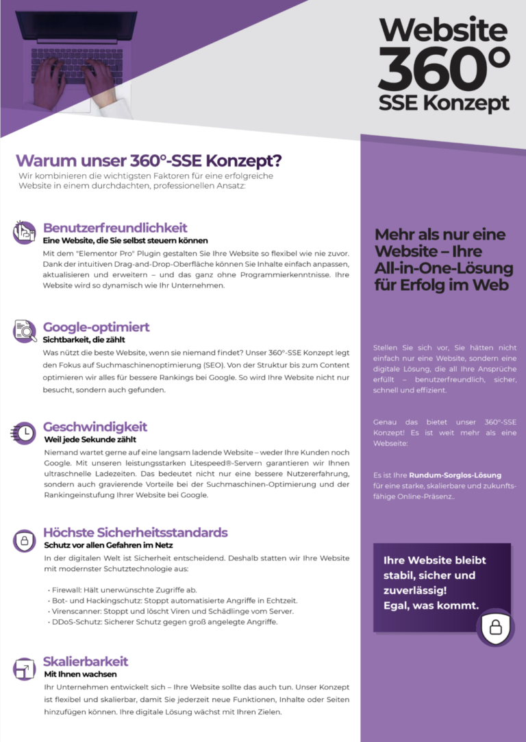 Website CHECK 360° 8 Ein deutschsprachiger Marketing-Flyer beschreibt die Vorteile eines 360°-SSE-Webseitenkonzepts, darunter Benutzerfreundlichkeit, Geschwindigkeitsoptimierung, Suchmaschinenoptimierung und ein integrierter Website-Check für All-in-One-Business-Web-Lösungen.