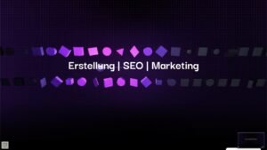 - Aktuelle Neuigkeiten in unserem Blog 24 Ein dunkelvioletter und schwarzer Hintergrund mit verschiedenen geometrischen Formen und den Worten Erstellung | SEO | Marketing in weißer Schrift in der Mitte.