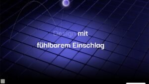 - Aktuelle Neuigkeiten in unserem Blog 22 Text Design mit fühlbarem Einschlag erscheint auf einem dunklen Raster mit einer lila leuchtenden Kugel in der oberen Mitte, was einen futuristischen und dynamischen visuellen Effekt erzeugt.
