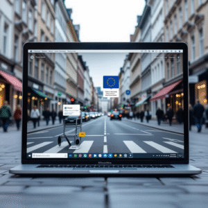 Ein Laptop auf einer Kopfsteinpflasterstraße zeigt eine barrierefreie Website mit einer EU-Flagge und einem digitalen Einkaufswagen, während eine europäische Stadtstraße mit Menschen und Geschäften den lebendigen Hintergrund bildet.