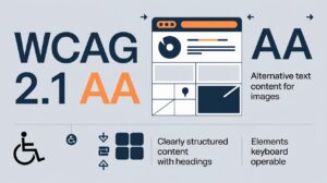 Infografik über die Zugänglichkeit nach WCAG 2.1 AA: Alt-Text für Bilder, strukturierter Inhalt mit Überschriften, mit der Tastatur bedienbare Elemente und ein Symbol für die Zugänglichkeit für Rollstuhlfahrer - alles unerlässlich für die Erstellung einer barrierefreien Website.