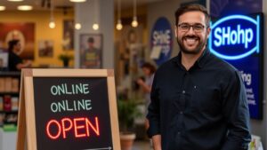 Ein lächelnder Mann in einem schwarzen Hemd steht neben einem digitalen Schild mit der Aufschrift ONLINE ONLINE OPEN in einem hell erleuchteten Geschäft, in dem Kunden und ein großes SHOP-Schild im Hintergrund zu sehen sind.