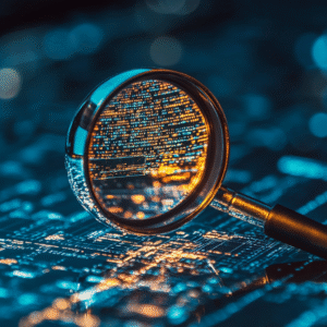- Aktuelle Neuigkeiten in unserem Blog 27 Ein Vergrößerungsglas schwebt über einer leuchtenden digitalen Platine und hebt beleuchtete Datenmuster in Blau- und Orangetönen hervor - die perfekte Bildsprache für eine Web- oder SEO-Agentur wie social@all, die sich auf die Aufdeckung wichtiger Erkenntnisse konzentriert.