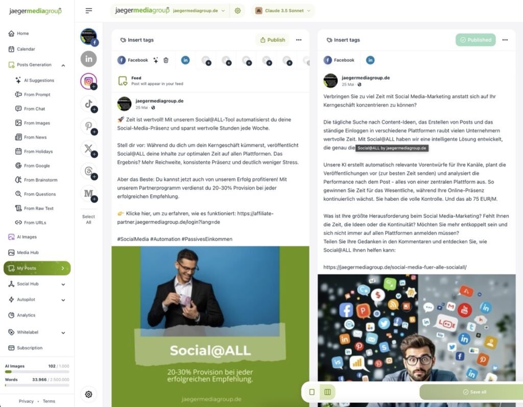 Ein Screenshot eines Social Media Management Dashboards zeigt zwei Facebook-Posts, die gerade erstellt werden. Der untere linke Beitrag zeigt einen Mann im Anzug und das "Social@ALL"-Logo auf grünem Hintergrund, was die nahtlose Koordination der sozialen Medien unterstreicht.