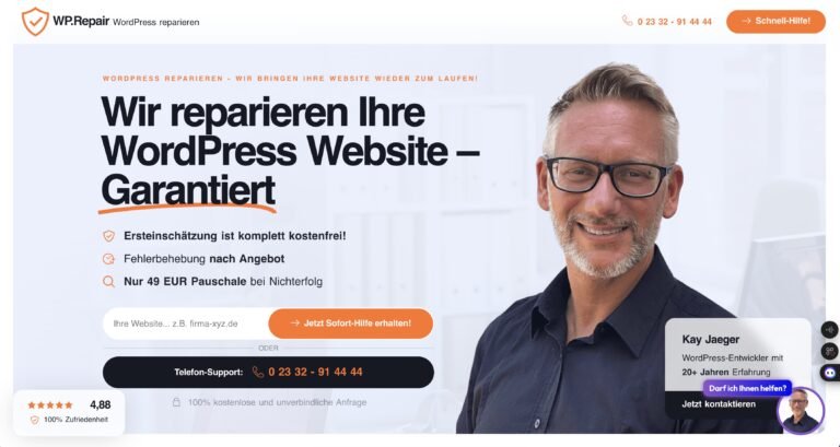 Screenshot einer WPRepair besondere Website. Der Text lautet: "Wir reparieren Ihre WordPress Website - Garantiert" mit Angaben zur kostenlosen Ersteinschätzung und Preisgestaltung. Rechts ist ein lächelnder Mann mit Brille zu sehen, plus Kontaktinformationen für Ihren Webdesigner vor Ort.
