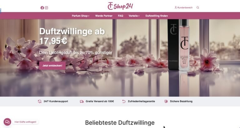 Screenshot von TC Shop24, einer besonderen Website für Parfums, mit einem pinken Banner, Duftflakons, Blumen und Text, der günstige Duft-Alternativen ab 17,95€ bewirbt. Ideal für alle auf der Suche nach exklusiven Düften!.