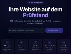 Website Audit360. Eine deutschsprachige Website-Oberfläche mit dunklem Thema, die einen umfassenden Website-Check für SEO, Leistung, Sicherheit, Zugänglichkeit und technische Aspekte bietet. Ein Textfeld lädt den Nutzer ein, eine URL einzugeben, mit einer violetten Schaltfläche mit der Aufschrift Analyse starten.
