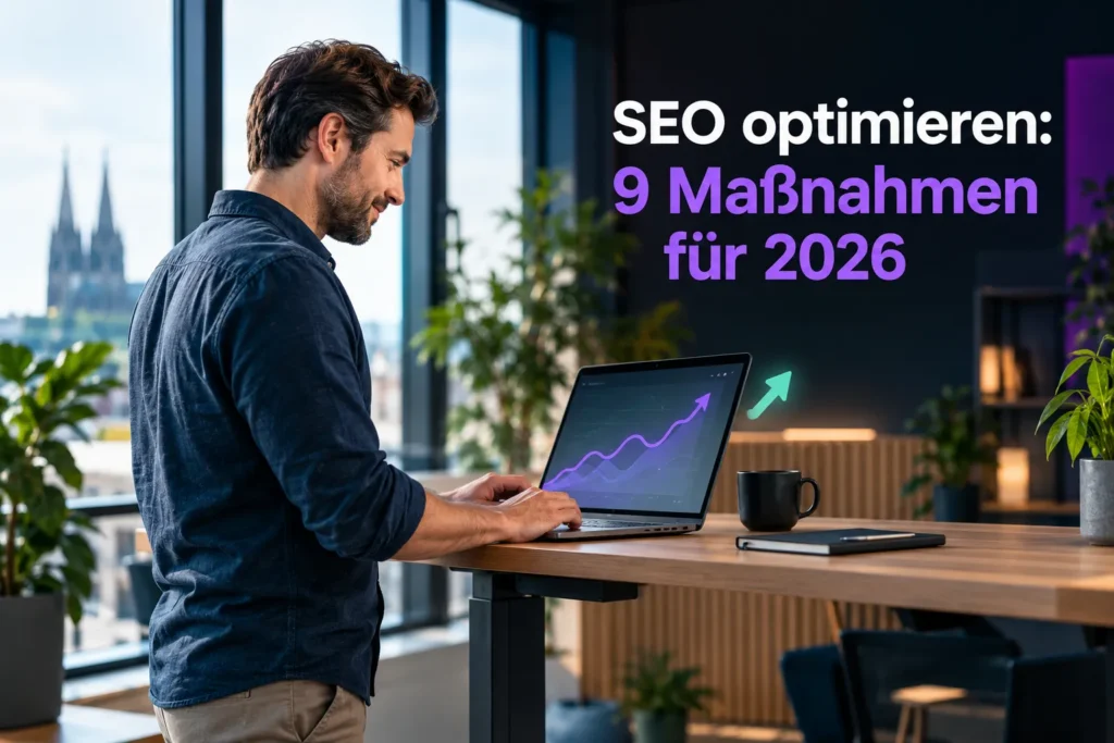 Ein Mann steht an einem Schreibtisch und arbeitet an einem Laptop, auf dessen Bildschirm eine steigende Kurve zu sehen ist, die die Vorteile der SEO-Optimierung symbolisiert. Der Text auf Deutsch lautet: SEO-Optimierung: 9 Maßnahmen für 2026. Im Hintergrund ist eine Büroumgebung mit Pflanzen und großen Fenstern zu sehen.