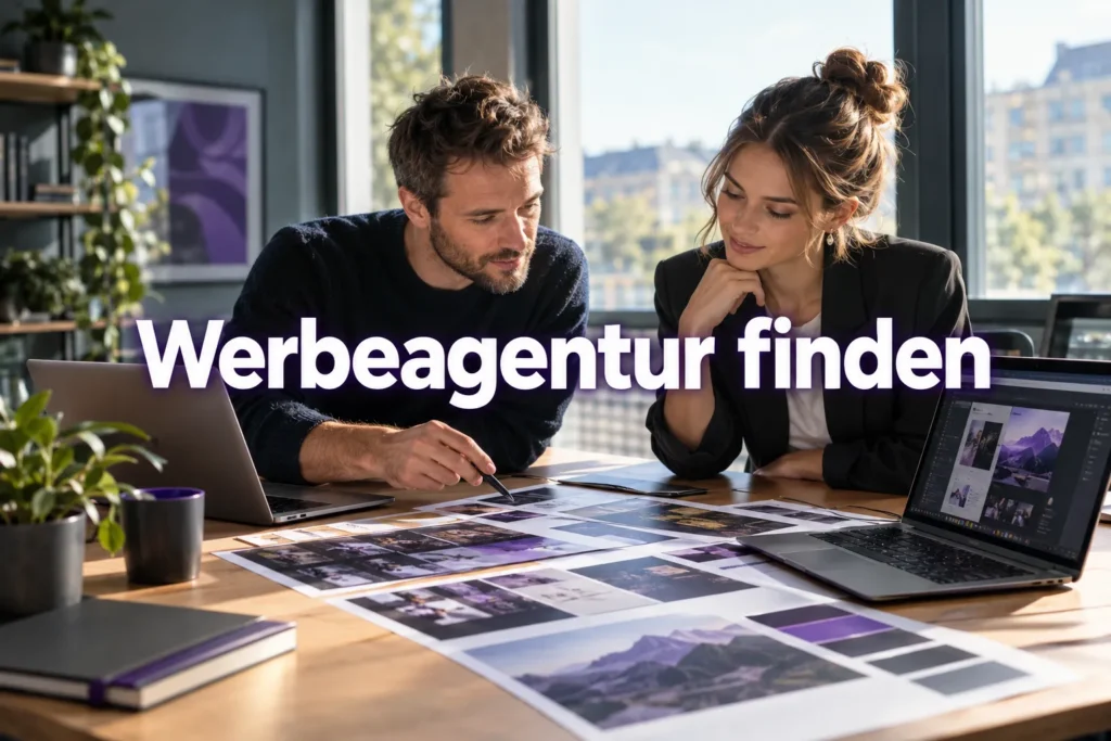 Zwei Personen prüfen an einem Schreibtisch mit Laptops und Fotos Marketingmaterialien, während in der Bildmitte der große deutsche Schriftzug „Werbeagentur finden“ eingeblendet ist. Die Szene verdeutlicht, wie wichtig es für Unternehmen ist, bei der Suche nach effektiven Marketinglösungen den richtigen Partner auszuwählen.